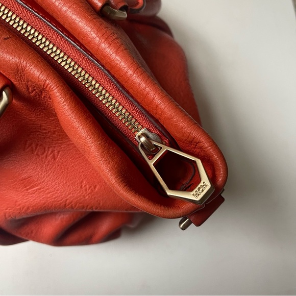 MCM Orange Monogram Embossed Leather Medium Two Way Handbag Tote Crossbody Zip - Picture 6 of 10
